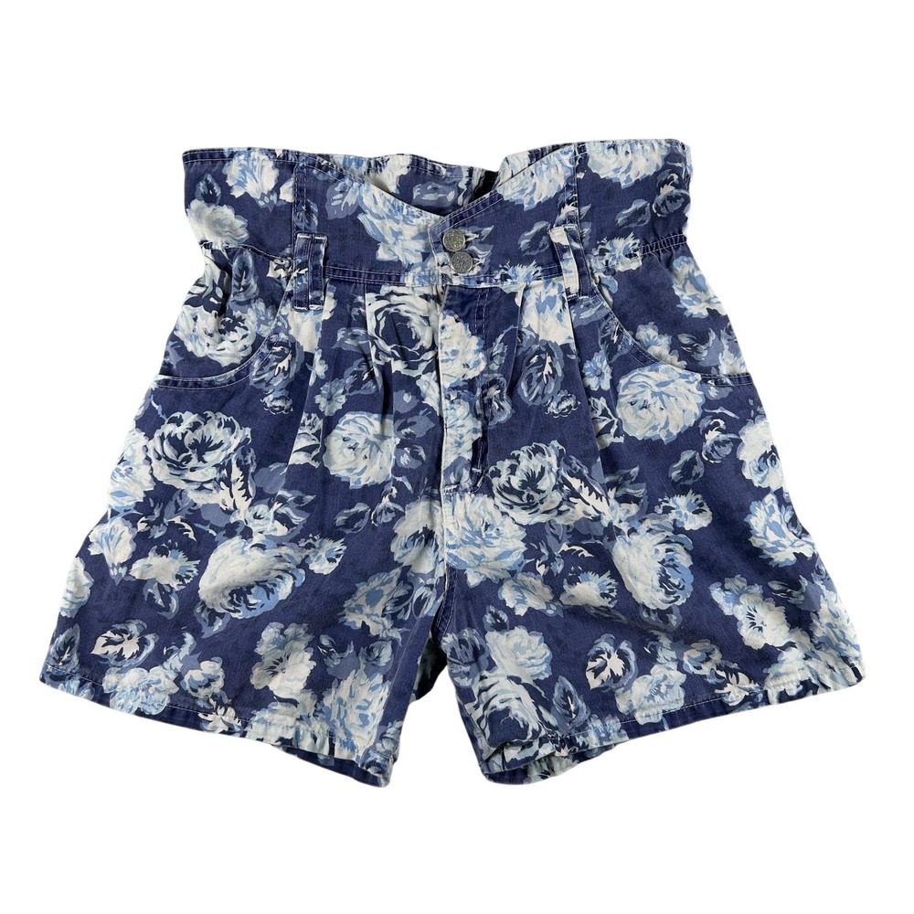 Vintage Bongo Shorts Womens Medium Denim Floral Paperbag High Rise USA 80s 90s